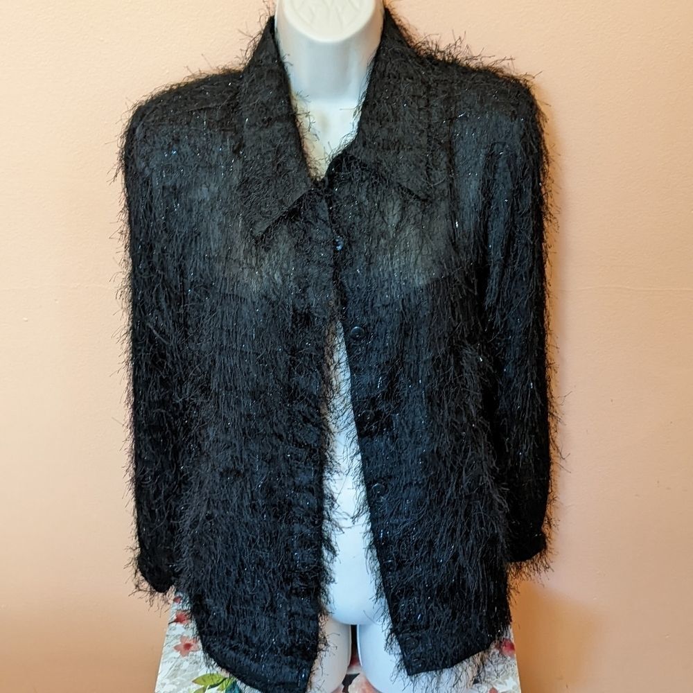 Creazioni Effeci Black furry evening mob wife bomber blouse cardigan jacket S